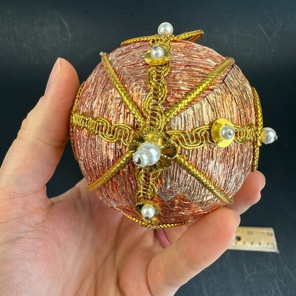 Vtg Hard Foam Round Ball Ornament Push Pin Pearls Metallic Pink Blue Gold Accent - Picture 7 of 16